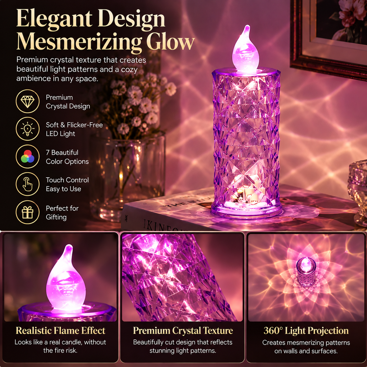 Crystal candlelight glowing in multiple colours