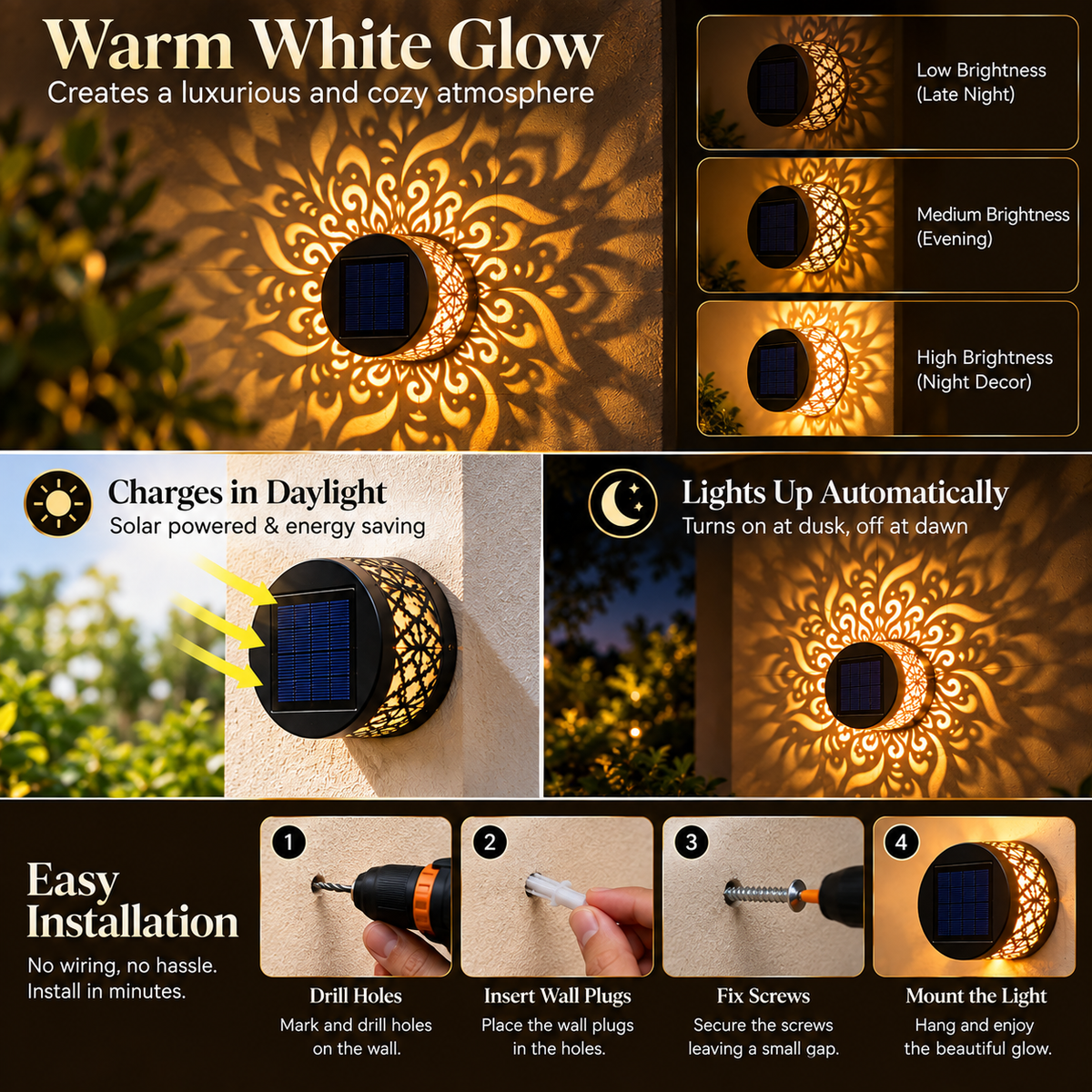 Solar wall lantern details – mandala cut-work design