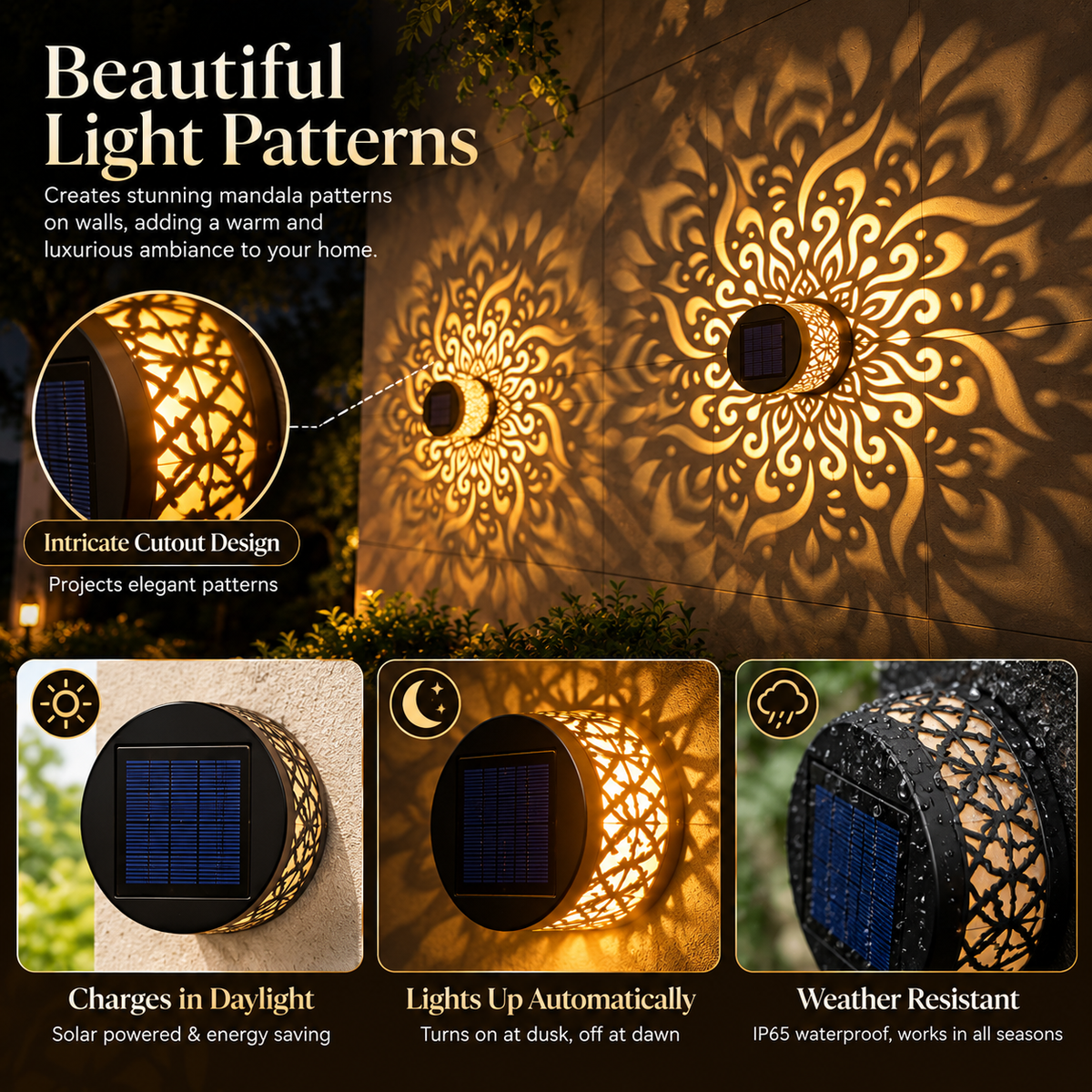Solar mandala wall lantern casting a pattern on the wall at night