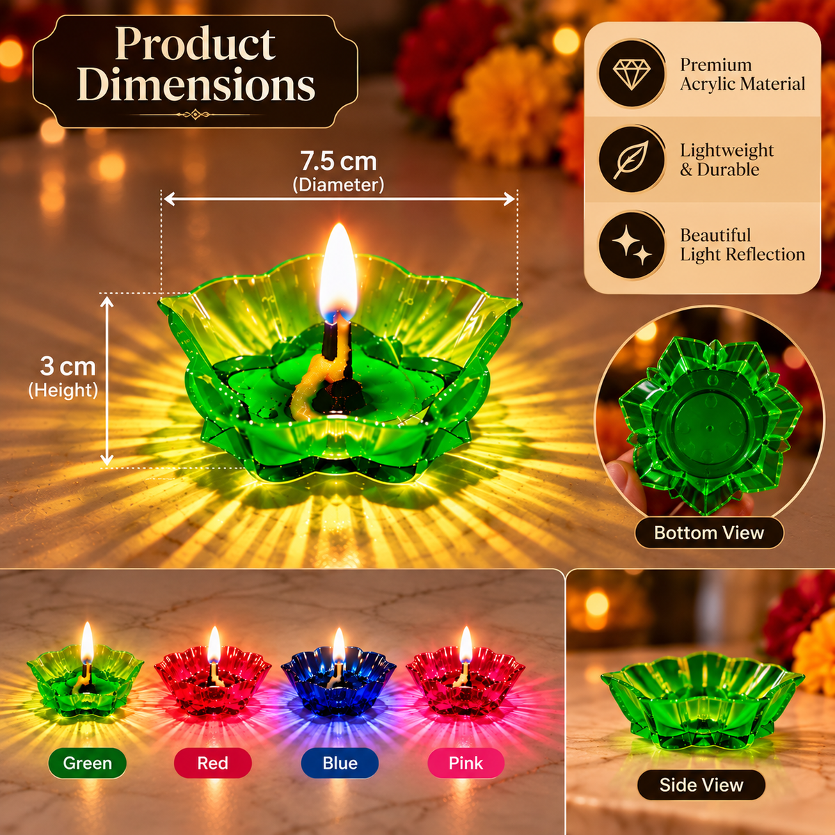 Reflection diyas around a Diwali rangoli