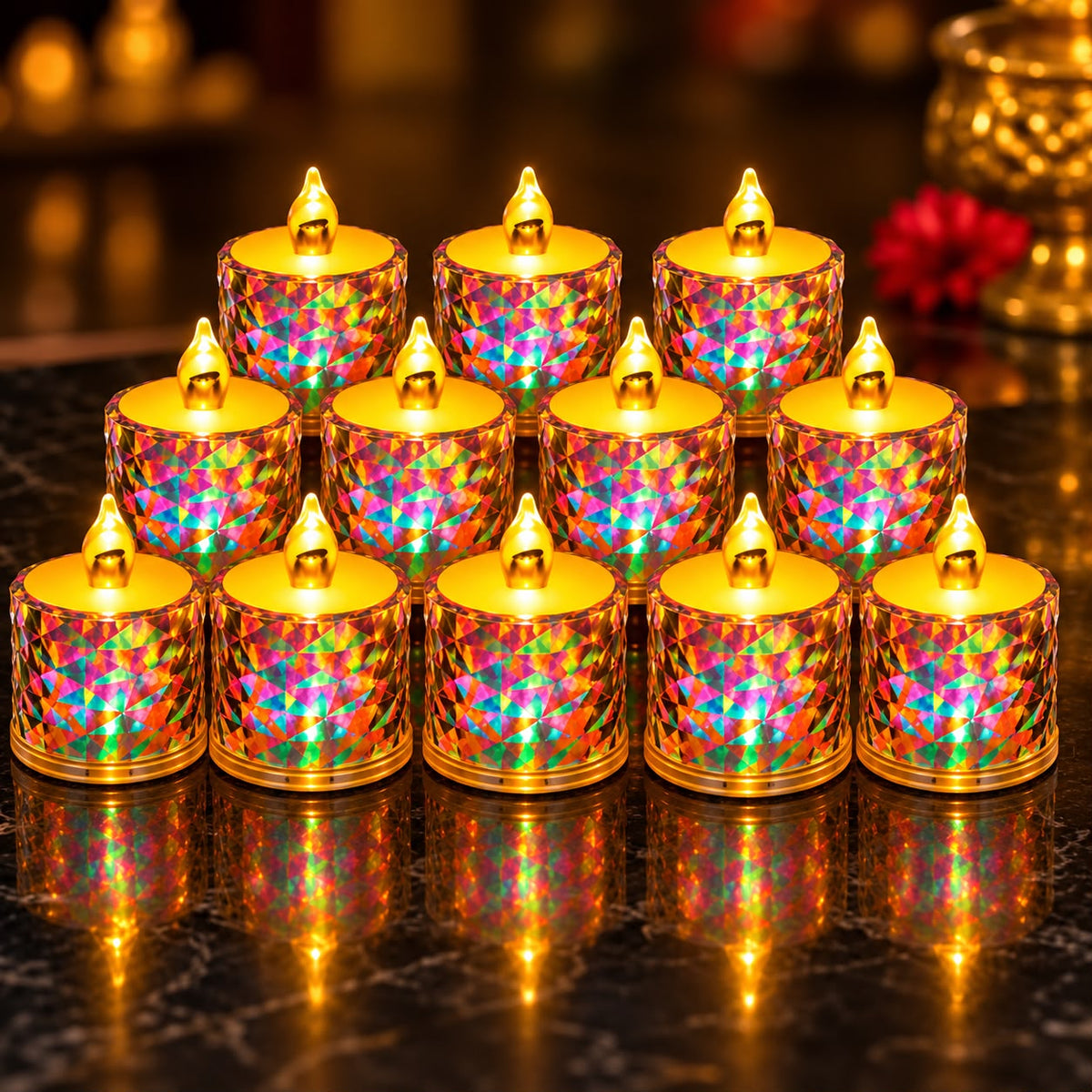 12 LED tealights lined up for Diwali décor