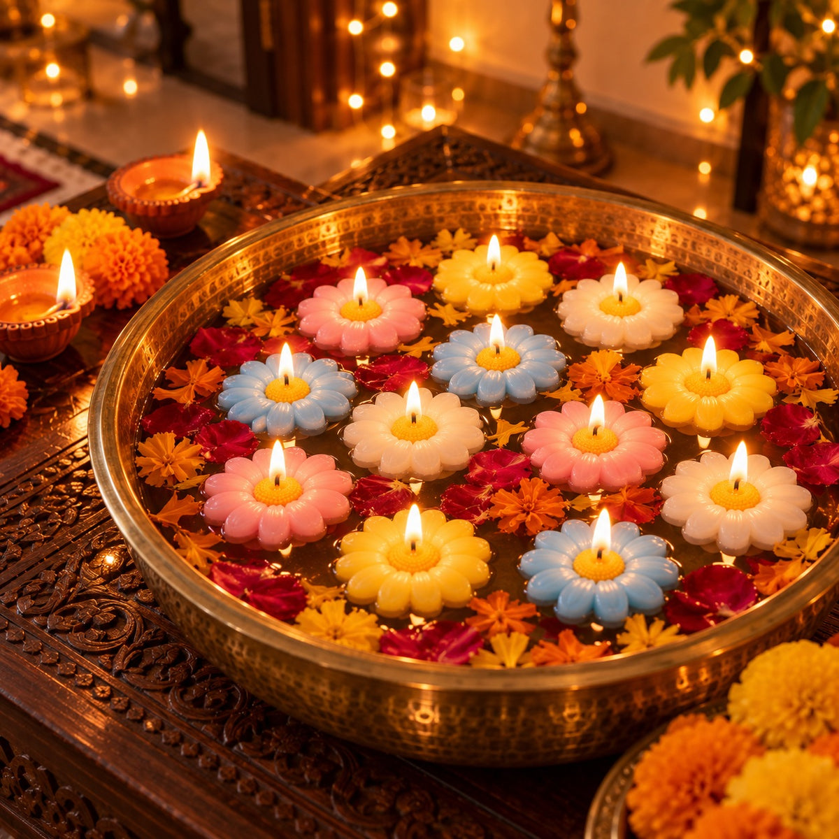 12 multicolour daisy floating candles jalte hue brass urli mein – FlexOn Diwali decor