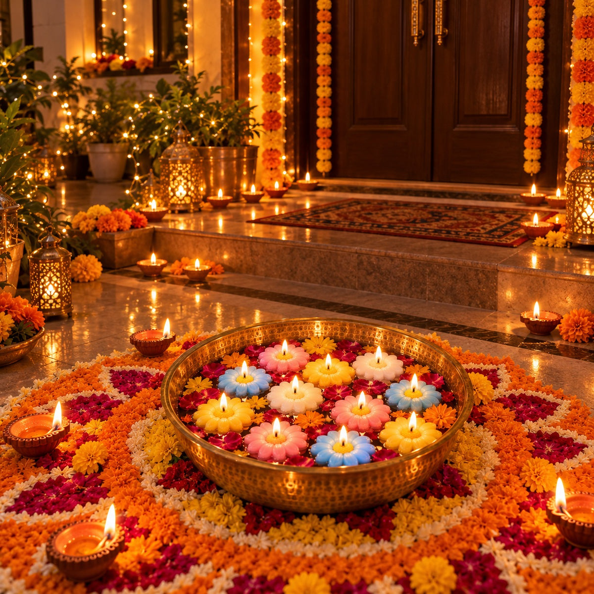 Ghar ke main gate pe rangoli ke beech urli mein daisy floating candles