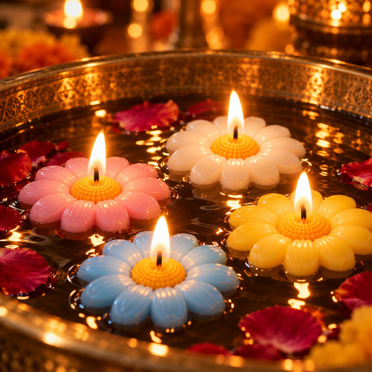 Paani pe tairti pink, blue, yellow aur white daisy floating candle – close up