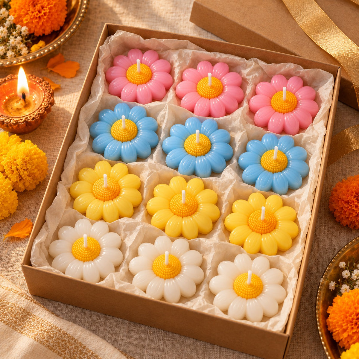 Box mein 12 daisy floating candles – pink, blue, yellow, white