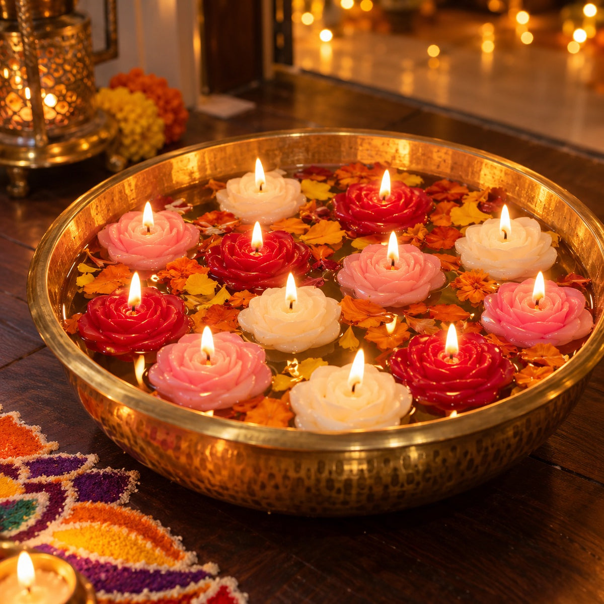 12 rose floating candles jalte hue brass urli mein – FlexOn Diwali decor