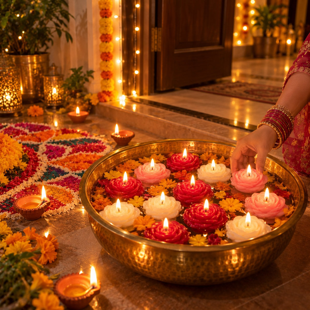 Ghar ke main gate pe urli mein rose floating candles aur rangoli