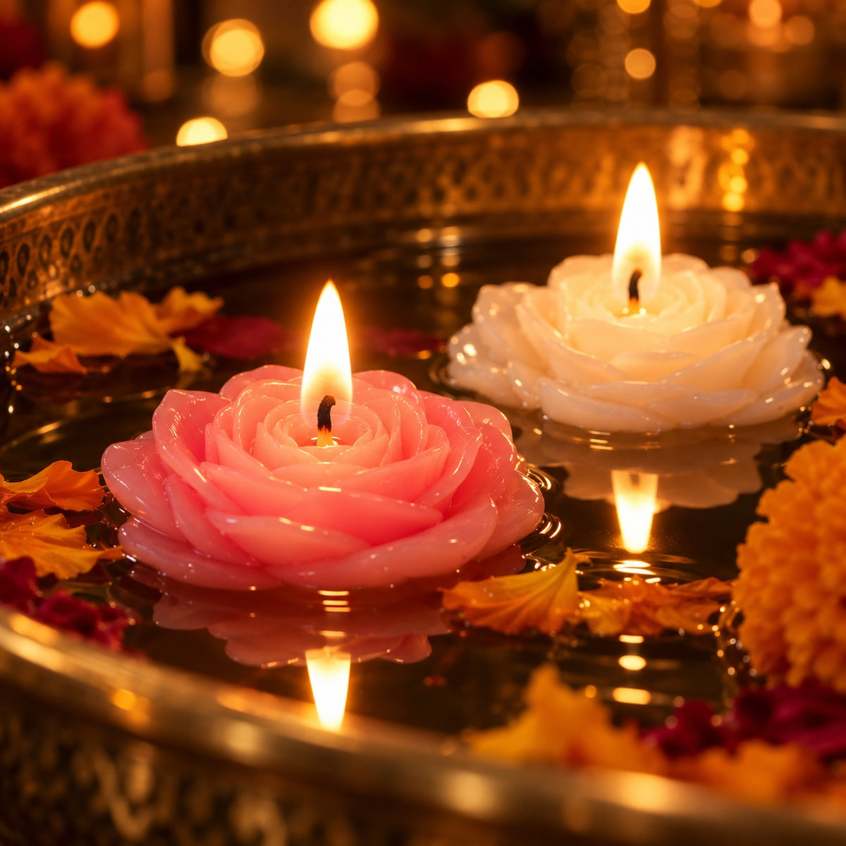 Paani pe tairti pink aur white rose floating candle – close up
