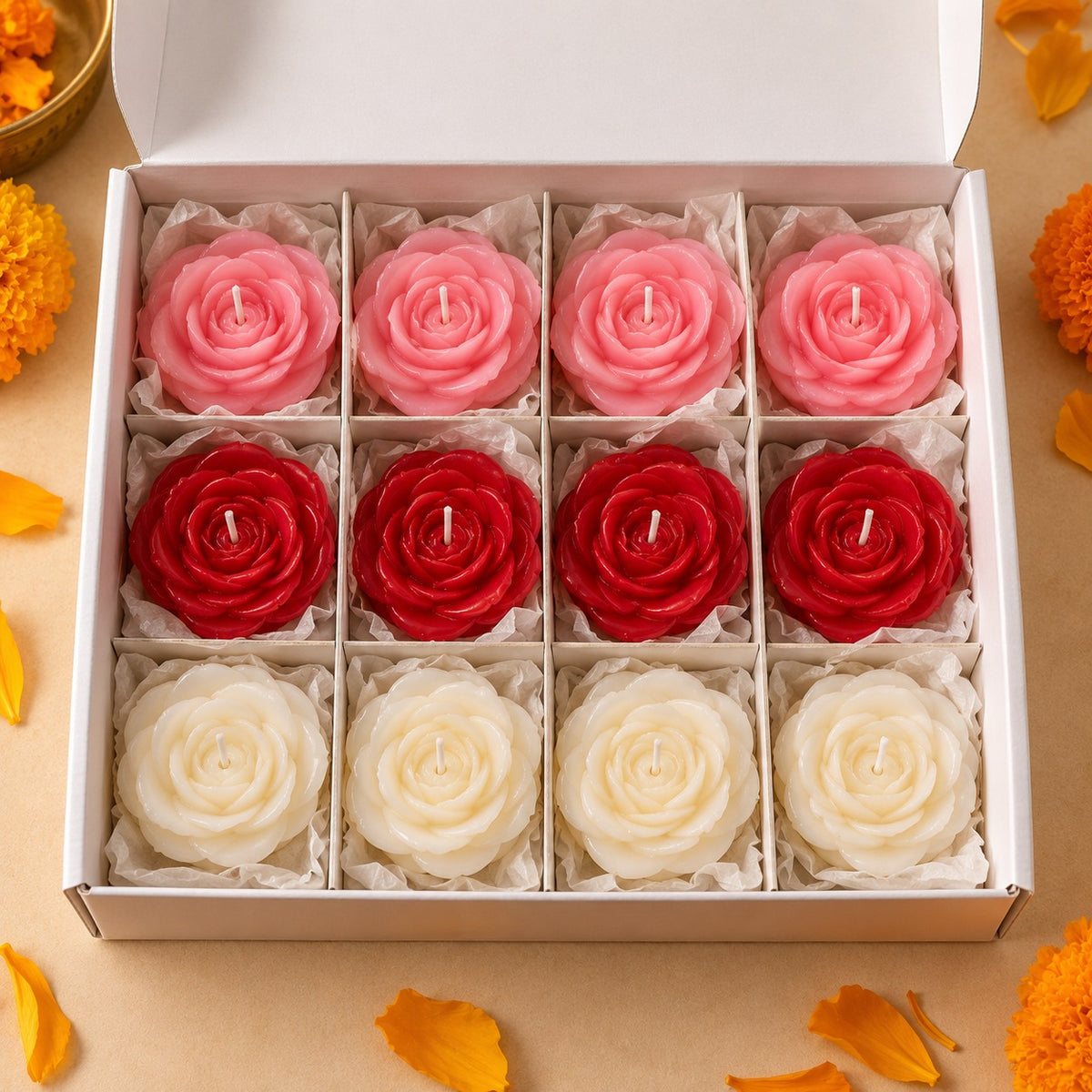 Box mein 12 rose floating candles – pink, red, white