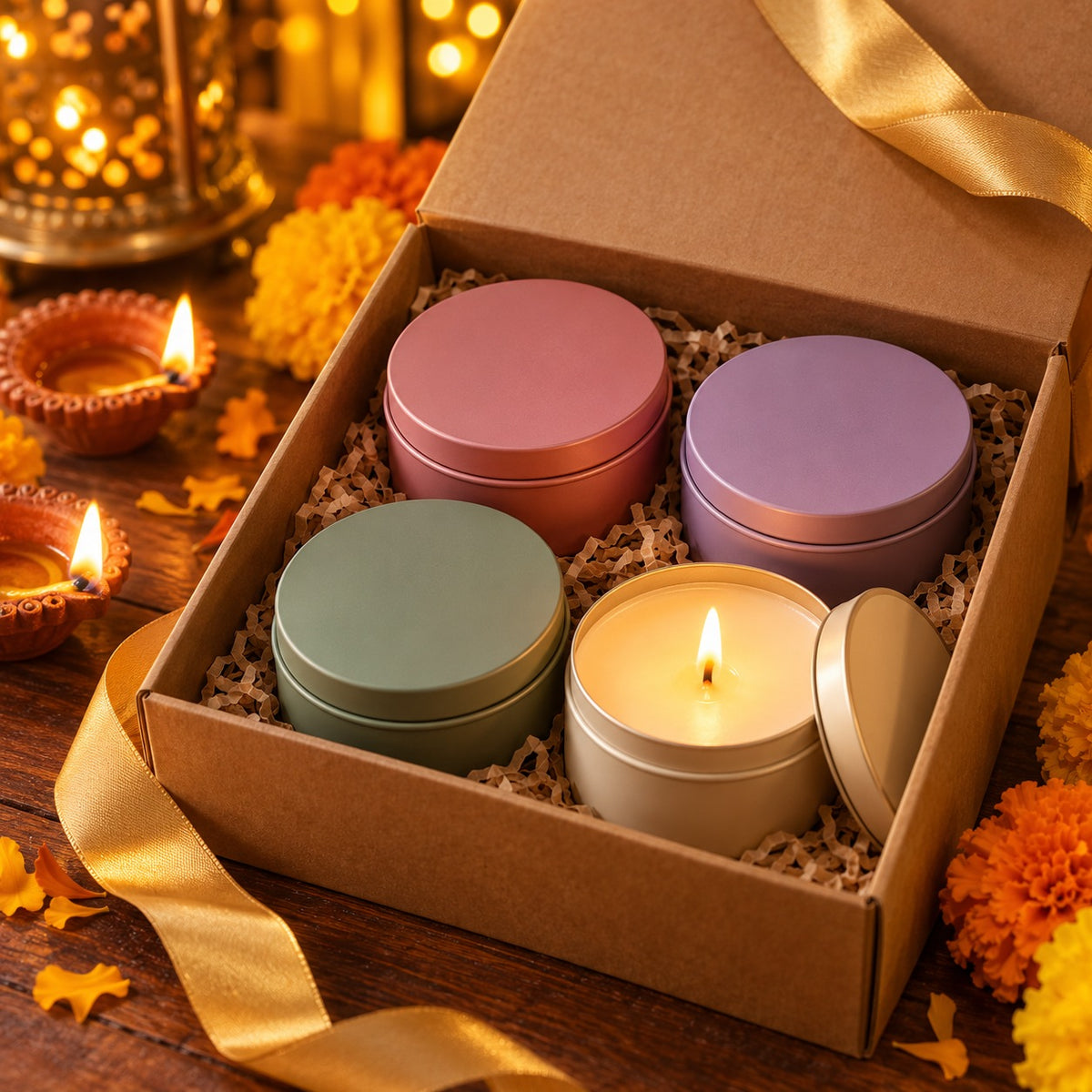 Kraft gift box mein 4 scented tin candles – FlexOn Diwali gift