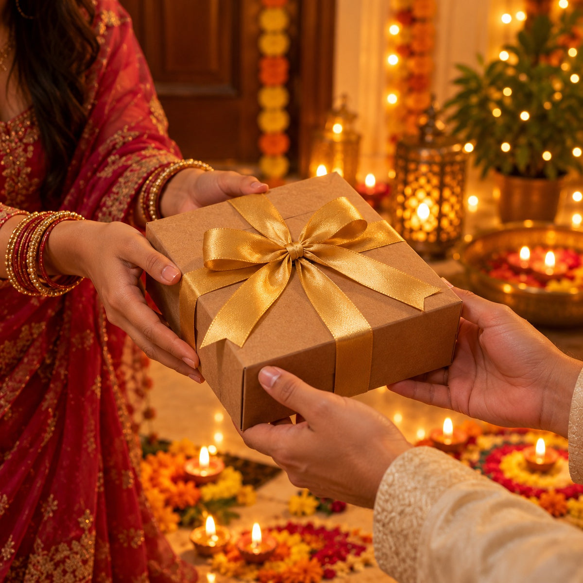 Diwali pe gold ribbon wala candle gift box dete hue