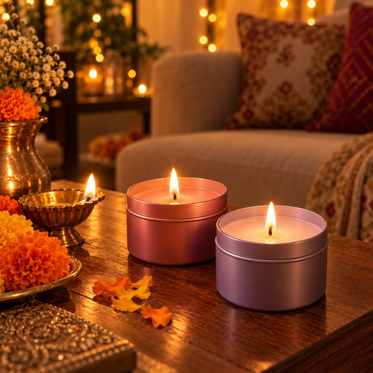 Living room mein jalti scented tin candles