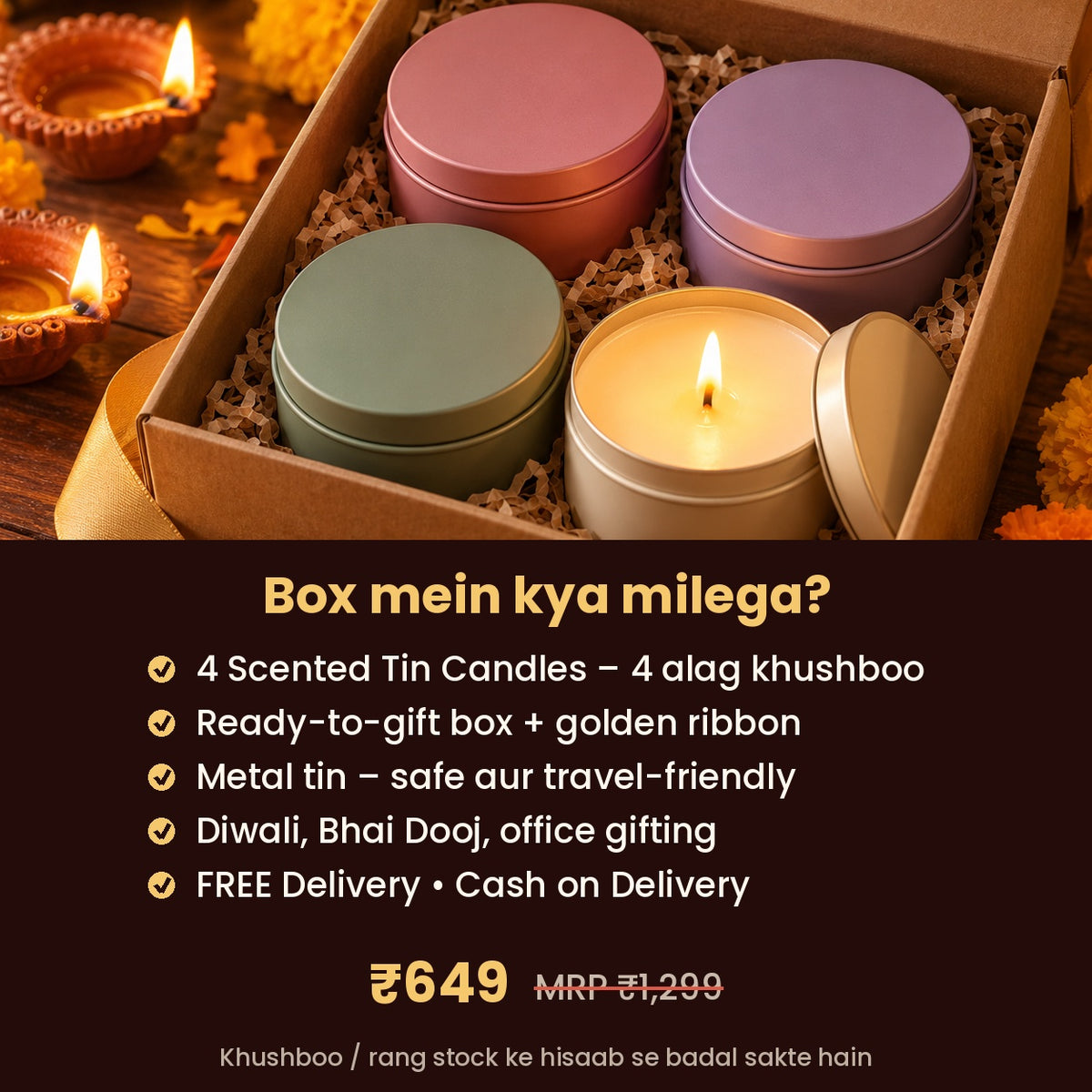 Candle Gift Box – box mein kya milega, ₹649, FREE Delivery aur COD