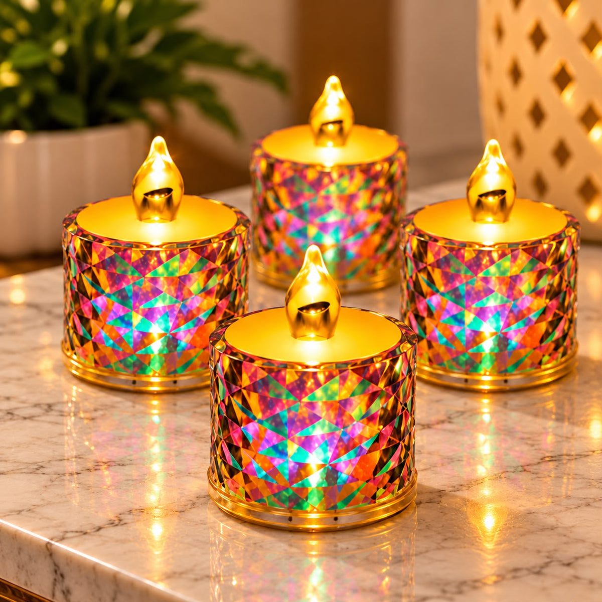 Flameless LED tealight candles on a festive table