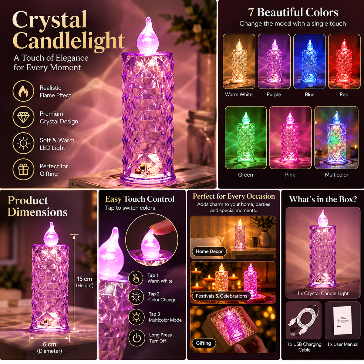 FlexOn crystal candlelight – multicolour decorative Diwali candle